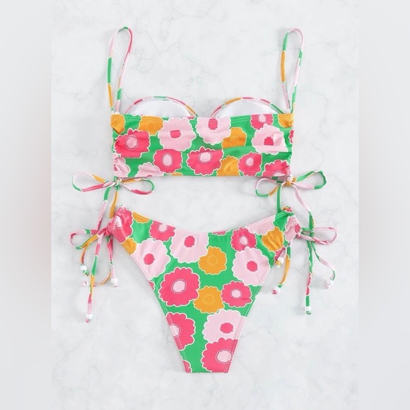 New 2 Piece Floral Drawstring Bead Accented Bikini Set - Picture 8 of 16